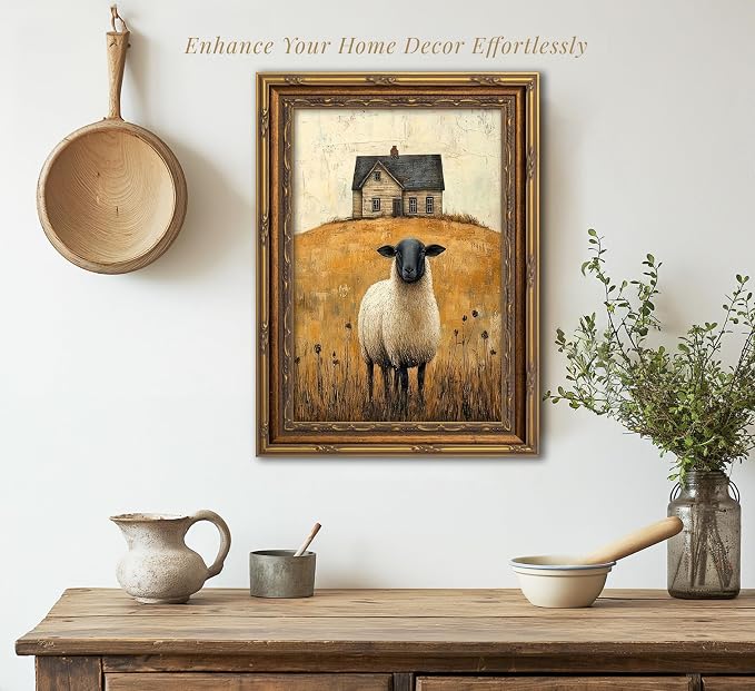 Vintage Gold Framed Wall Art Retro Country Sheep Oil Painting Canvas Prints - Image 2