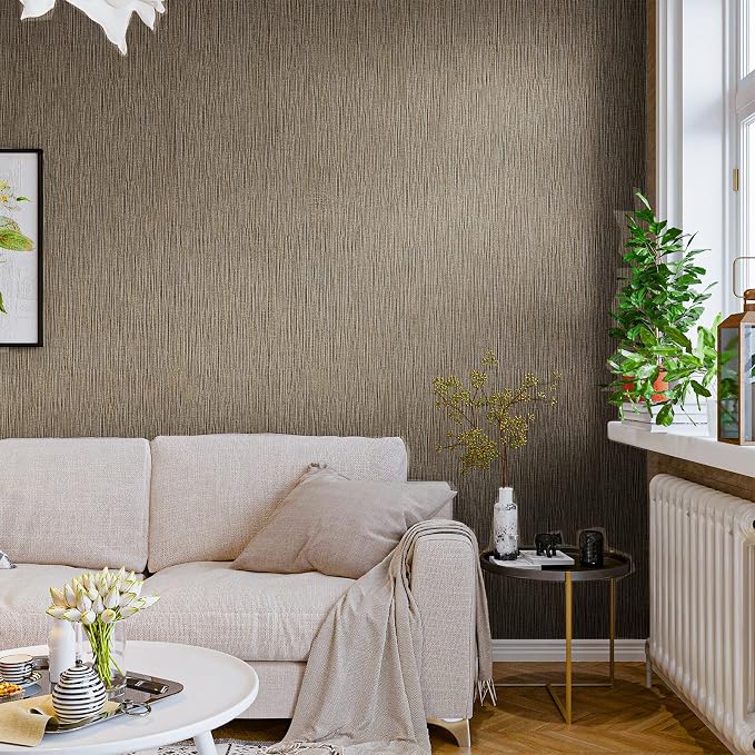 VEELIKE 15.7''x118'' Taupe Grasscloth Wallpaper Peel and Stick Textured Faux - Image 2