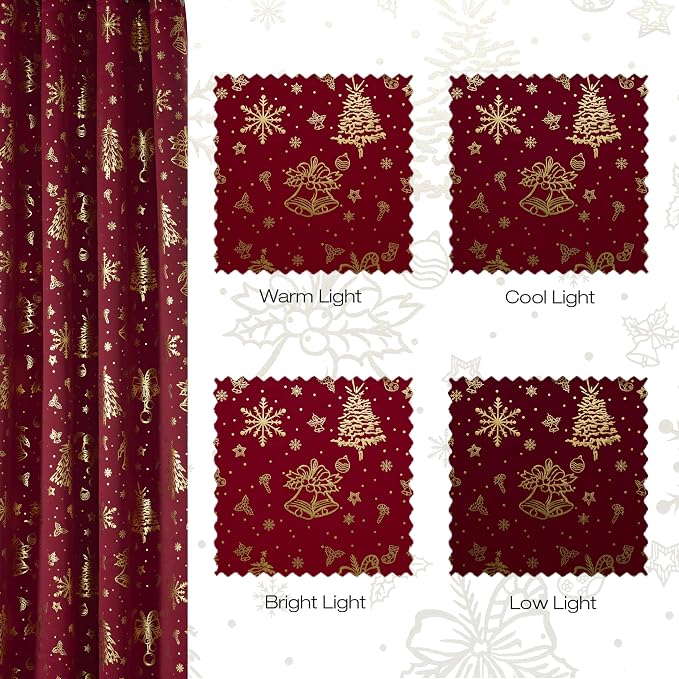 NICETOWN 2 Panels Red Christmas Curtains W42 x L63 in, Rod Pocket Gold Stamping - Image 7
