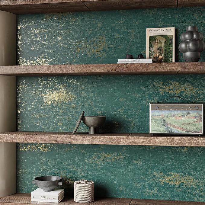 VEELIKE Distressed Teal Gold Metallic Peel and Stick Wallpaper Plaster Concrete - Image 5