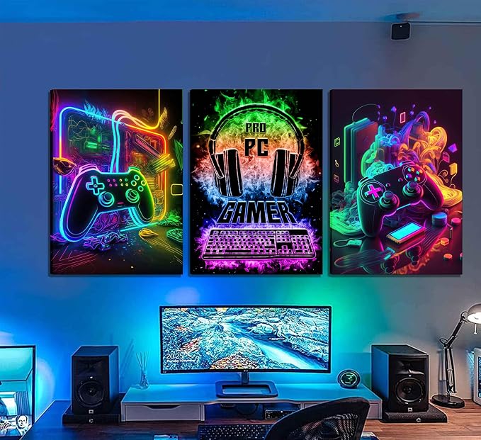 3Pcs Cool Gaming Wall Art Retro Video Gamer watercolor Posters Pictures - Image 2