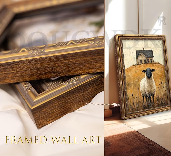 Vintage Gold Framed Wall Art Retro Country Sheep Oil Painting Canvas Prints - Image 6