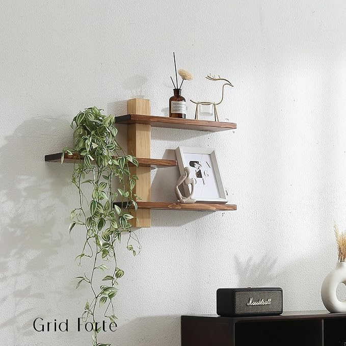GRID FORTE Wood 3 Tier Floating Shelf, Large Minimalist Wall Shelves, Mid - Image 2