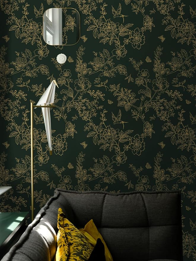 Froluya Dark Green and Gold Wallpaper Floral Peel and Stick Wallpaper - Image 3