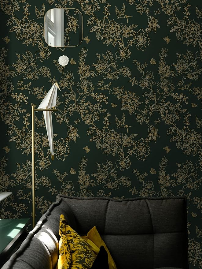 Froluya Dark Green and Gold Wallpaper Floral Peel and Stick Wallpaper - Image 4