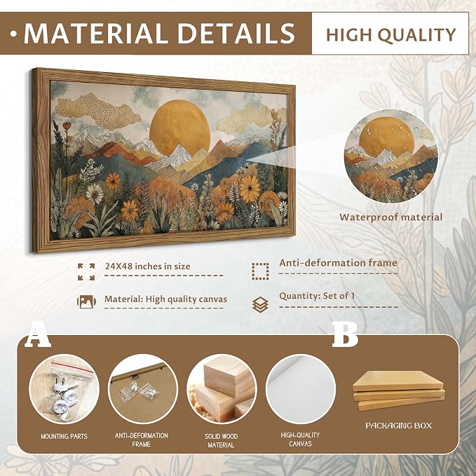 Framed Boho Landscape Large Wall Art, Abstract Sun Mountain Canvas Wall Decor - Image 4