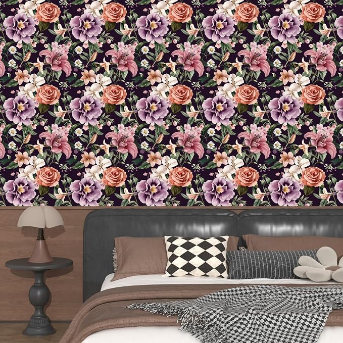 Laatse Purple Vintage Floral Wallpaper Peel and Stick Red Rose Peony Flowers - Image 2