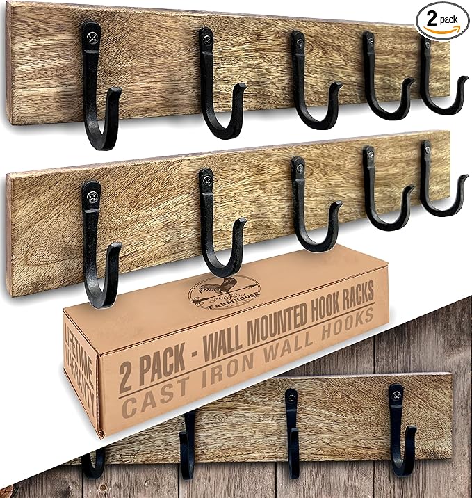 Cast Iron Spike Hooks Mounted on Two Natural Hardwood Boards Decorative by MyFancyFarmhouse