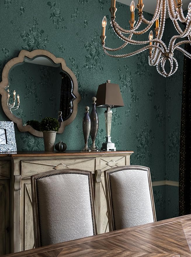 Erfoni 394"x17.7" Dark Green Floral Embossed Wallpaper - Image 5