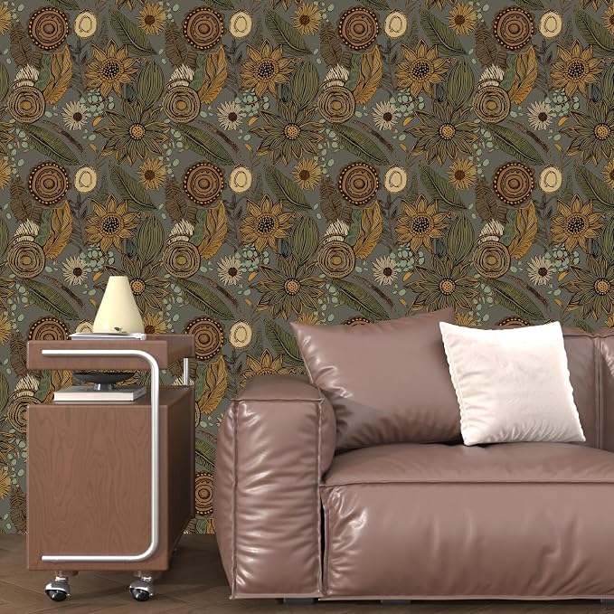 Grey Boho Wallpaper Peel and Stick, Vintage Yellow Green Floral Contact Paper - Image 8