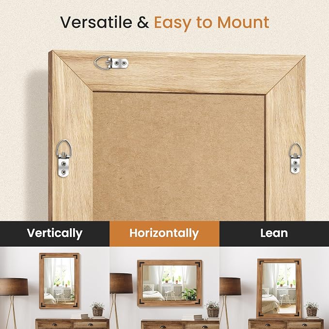 Bathroom Mirror for Wall with Wooden Frame, Vertical or Horizontal Hanging - Image 4