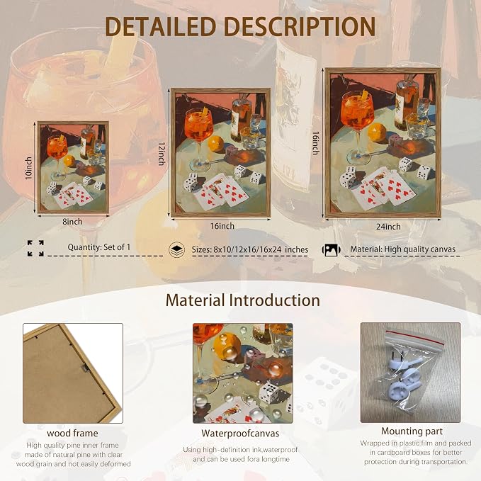 Vintage Framed Cocktail Canvas Wall Art, Retro Dice and Cards Poster Print - Image 5