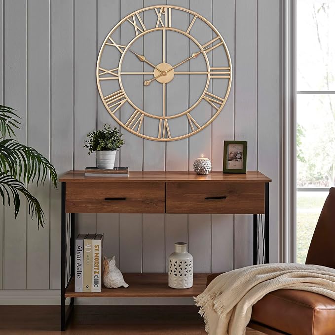 CLXEAST Champagne Gold Metal Wall Clock, Large Roman Numeral 24 Inch Wall Clocks - Image 7
