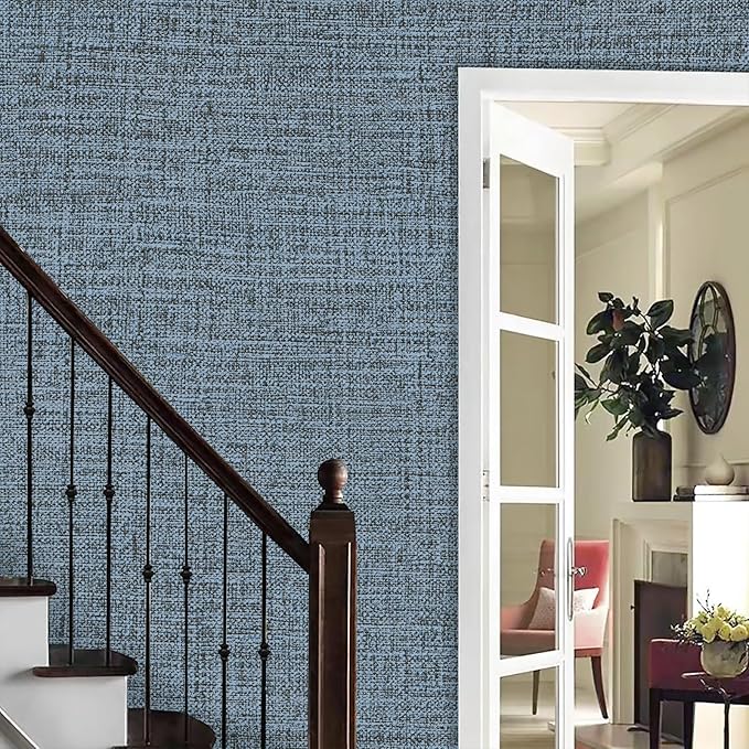 Blue Gray Grasscloth Peel and Stick Wallpaper 17.3"x120" Faux Linen Textured - Image 6