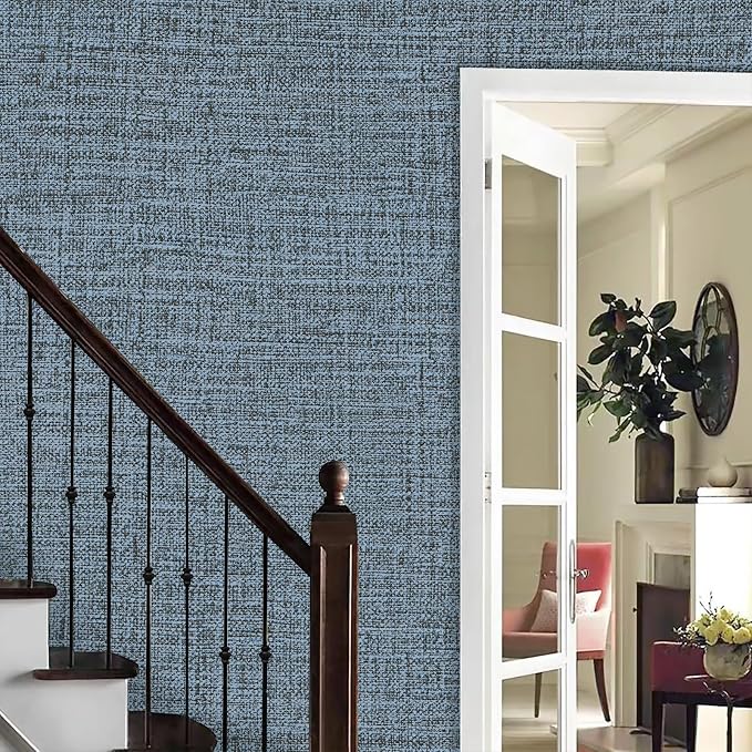 Blue Gray Grasscloth Peel and Stick Wallpaper 17.3"x1200" Faux Linen Textured - Image 6