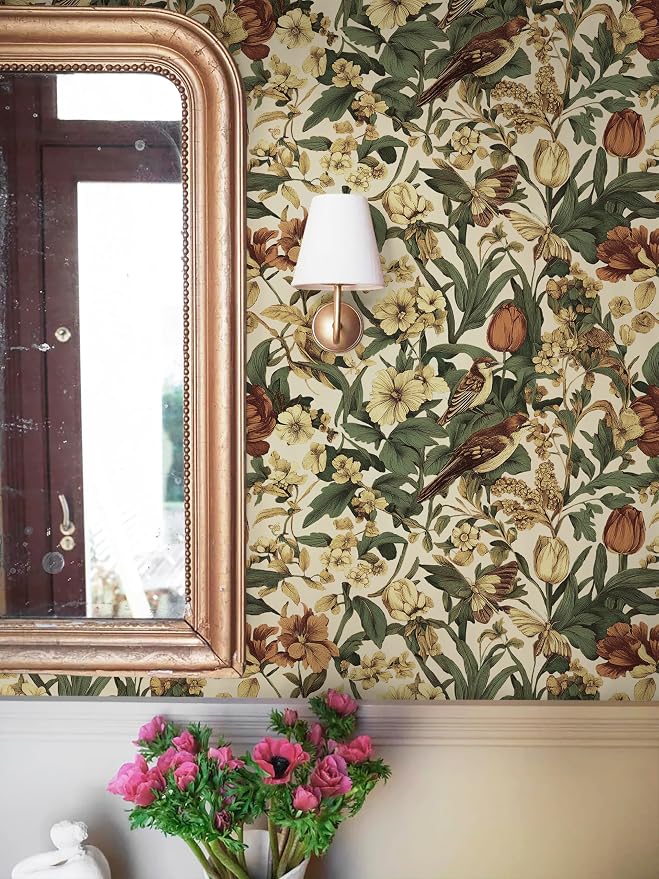 Erfoni 17.3" x197" Beige Retro Floral and Bird Contact Paper Vintage Peel and - Image 3