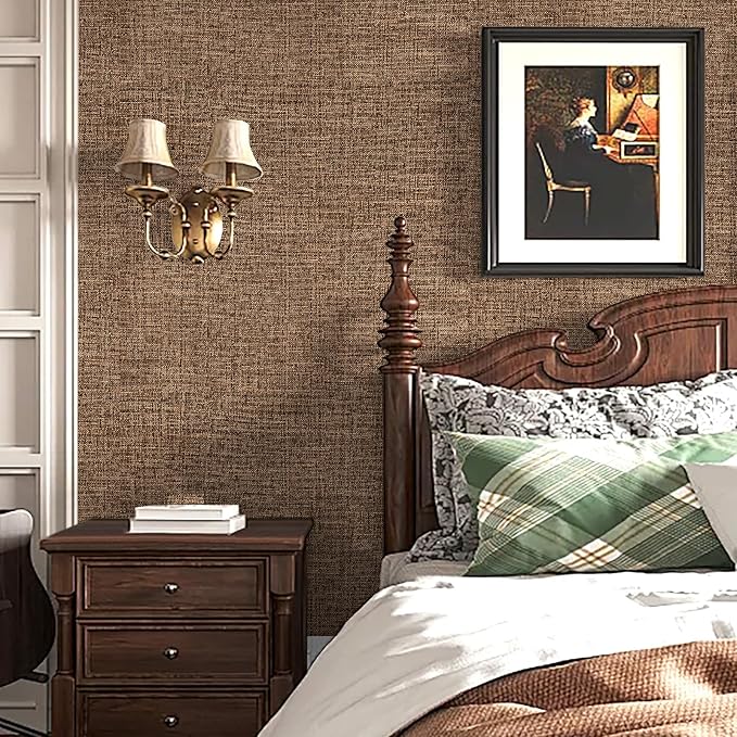 Amiya Grasscloth Brown Wallpaper Peel and Stick Faux Fabric Linen Contact Paper - Image 6