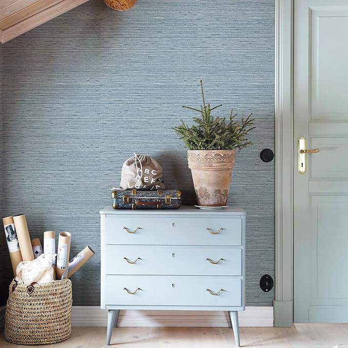 HueBurst Grasscloth Peel and Stick Wallpaper 17.3" x 394" Blue Textured - Image 4