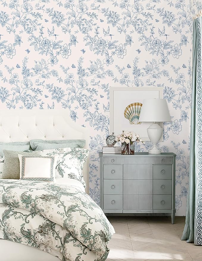 Froluya Cream White and Blue Floral Wallpaper Peel and Stick Wallpaper - Image 8