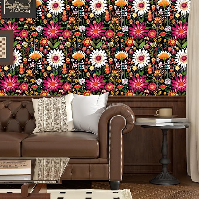 BOKEBEVE Extra Long Colorful Floral Wallpaper Peel and Stick Boho Pink Wall - Image 2