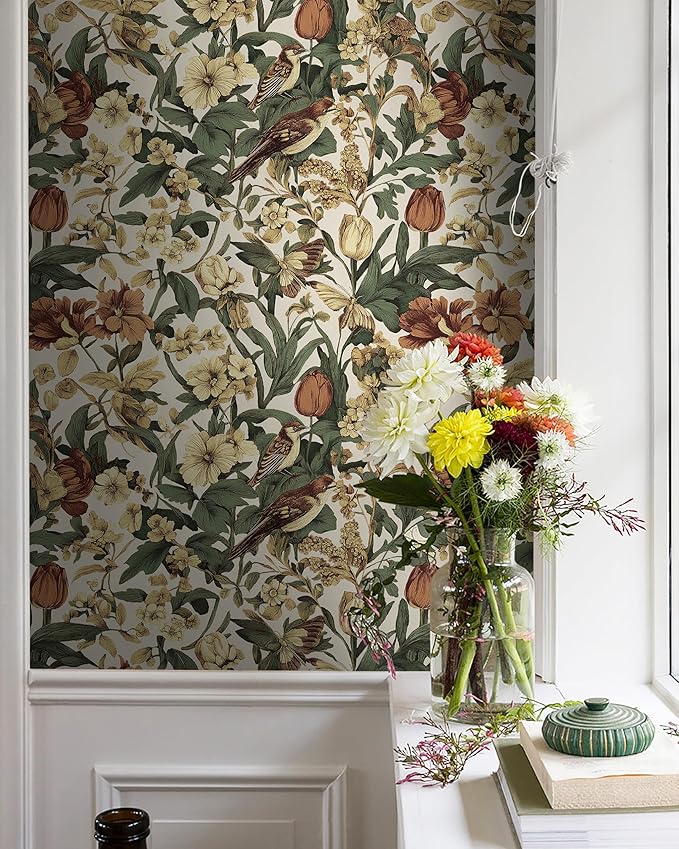 Erfoni 17.3" x 394" Birds Floral Peel and Stick Wallpaper Vintage Contact Paper - Image 2