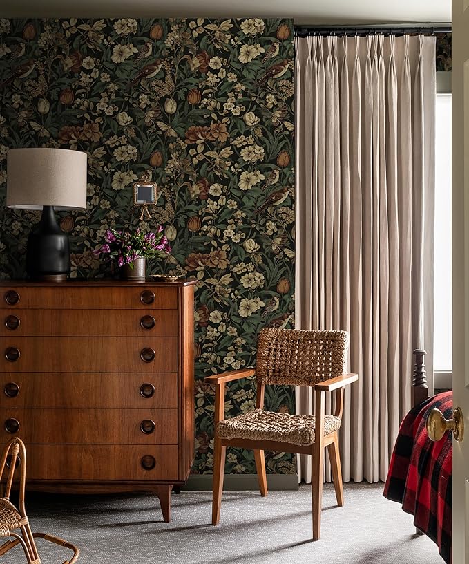Erfoni 17.3" x118" Vintage Floral Peel and Stick Wallpaper Dark Floral and Bird - Image 6