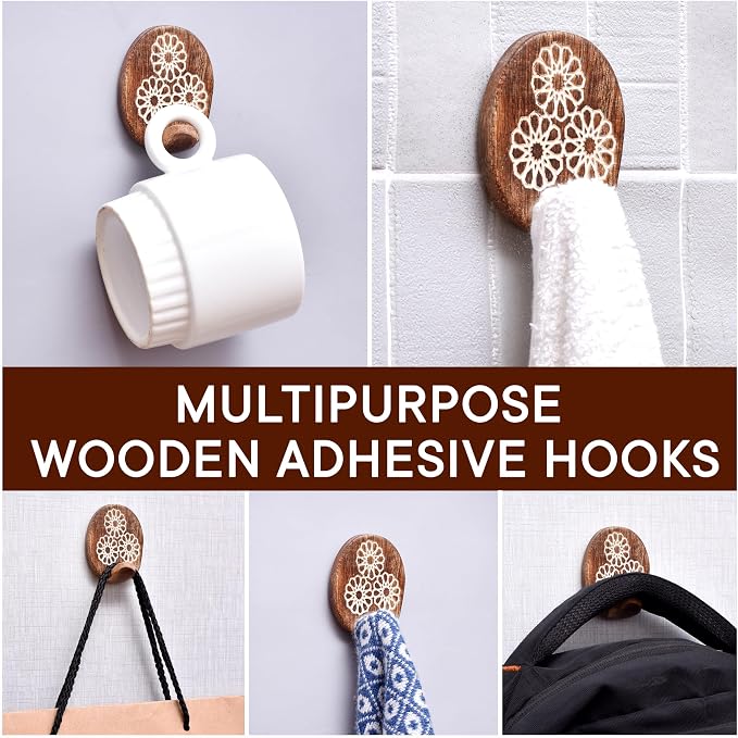IndianShelf 6 Lb- 24 Pieces Decorative Wood Adhesive Wall Hooks–Boho Peel and - Image 6