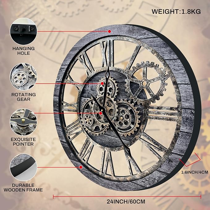 The B-Style Large Wall Clock 24 inch Moving Gear Wall Clock Oversized Vintage - Image 2