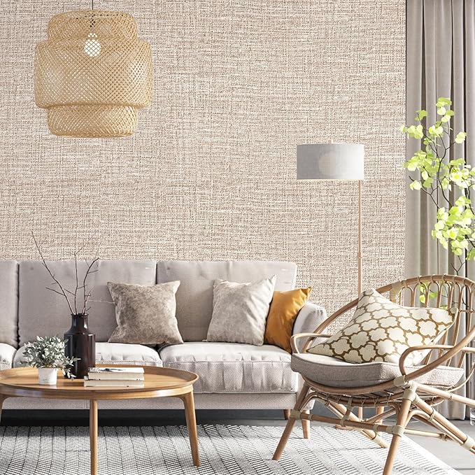 Khaki Grasscloth Peel and Stick Wallpaper 17.3"x120" Faux Linen Textured - Image 5