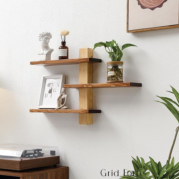 GRID FORTE Wood 3 Tier Floating Shelf, Large Minimalist Wall Shelves, Mid - Image 7