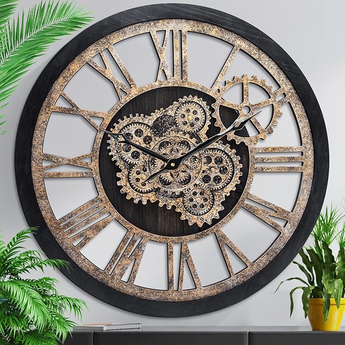 HOIBAI Wall Clock for Living Room Decor, 24 in, Moving Gear, Farmhouse Vintage by HOIBAI