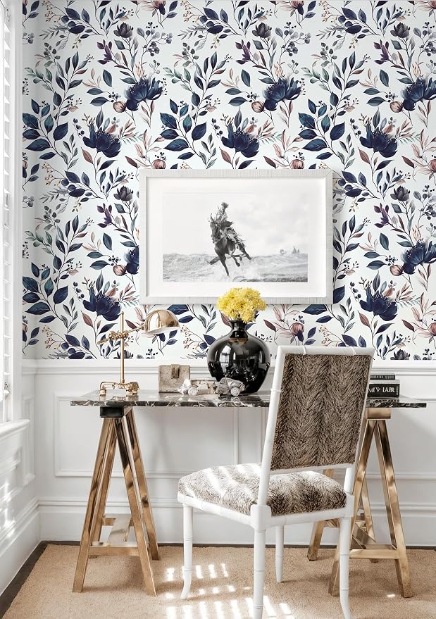 Yasinet Navy Blue Peel and Stick Wallpaper Blue Floral Wallpaper Vintage - Image 8