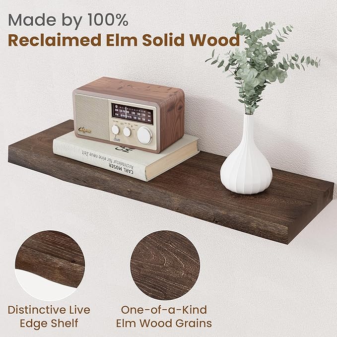 Floating Shelves for Wall Decor, Rustic Solid Elm Wood Live Edge Floating - Image 3