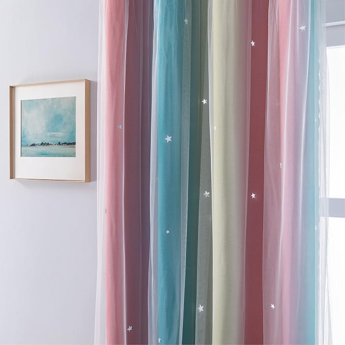 XiDi Curtains for Bedroom Decor, Rainbow Pink-Blue-34-45 - Image 3