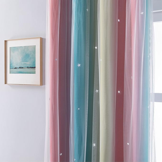 XiDi Curtains for Bedroom Decor, Rainbow Pink-Blue-52-45 - Image 2