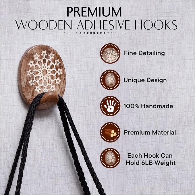 Indian Shelf 6 Lb- 3 Pieces Decorative Wood Adhesive Wall Hooks–Boho Peel and - Image 3