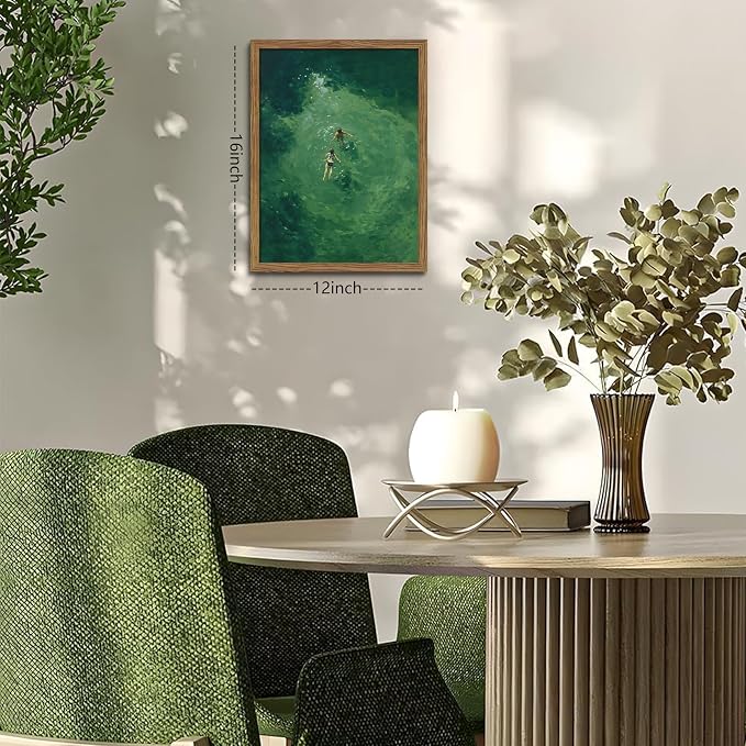 Framed Green Abstract Wall Art, Vintage Summer Swimming Canvas Wall Decor - Image 3