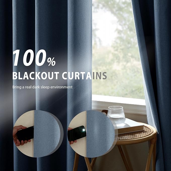 NICETOWN Stone Blue Full Shade Faux Linen Curtain Panels 90" Long, Pair of - Image 3