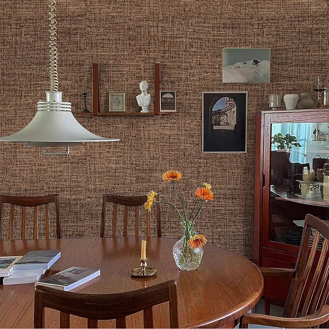 Brown Grasscloth Peel and Stick Wallpaper 17.3"x160" Faux Linen Textured - Image 3