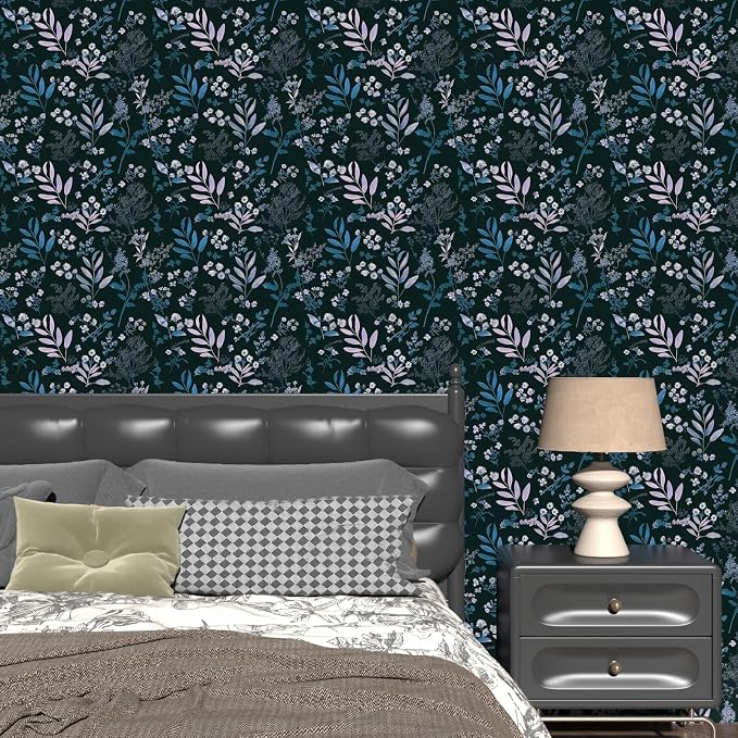 Laatse Vintage Blue Wallpaper Peel and Stick Dark Pink Floral Wallpaper 17.5'' - Image 5