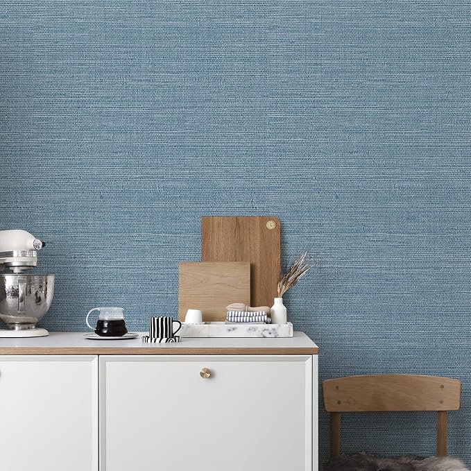 JiffDiff Grasscloth Wallpaper Peel and Stick Blue Grassweave Stick on Wallpaper - Image 2