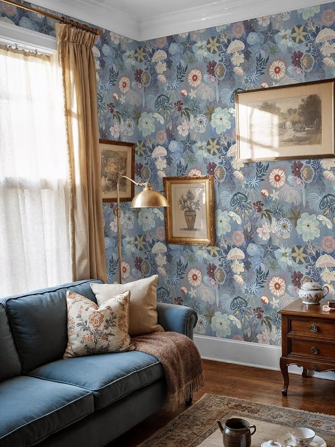 Ismoon Floral Peel and Stick Wallpaper Vintage Blue Contact Paper Jellyfish - Image 8