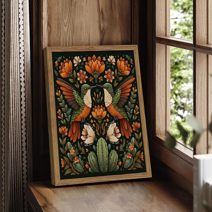 Framed Mexican Hummingbird Wall Art, Vintage Birds Animal Canvas Wall Decor - Image 2