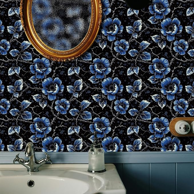 FLFK Black Wallpaper Peel and Stick Dark Blue Floral Wallpaper 16" x 64" - Image 3