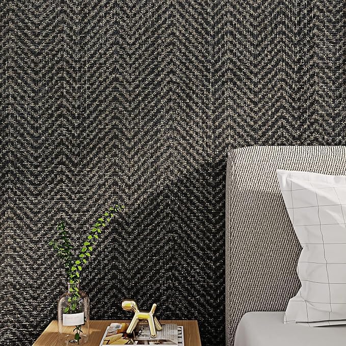 FunStick 15.8"x240" Black and Gold Grasscloth Wallpaper Self Adhesive Fabric - Image 7