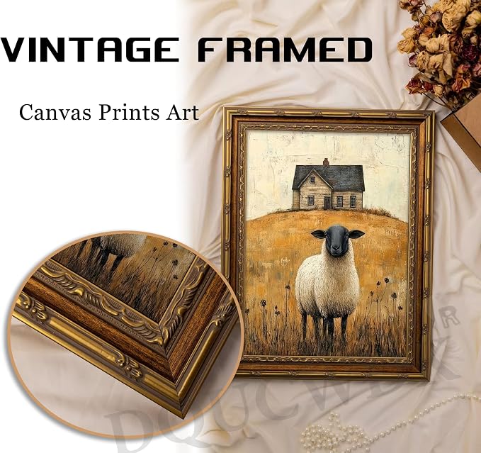 Vintage Gold Framed Wall Art Retro Country Sheep Oil Painting Canvas Prints - Image 3