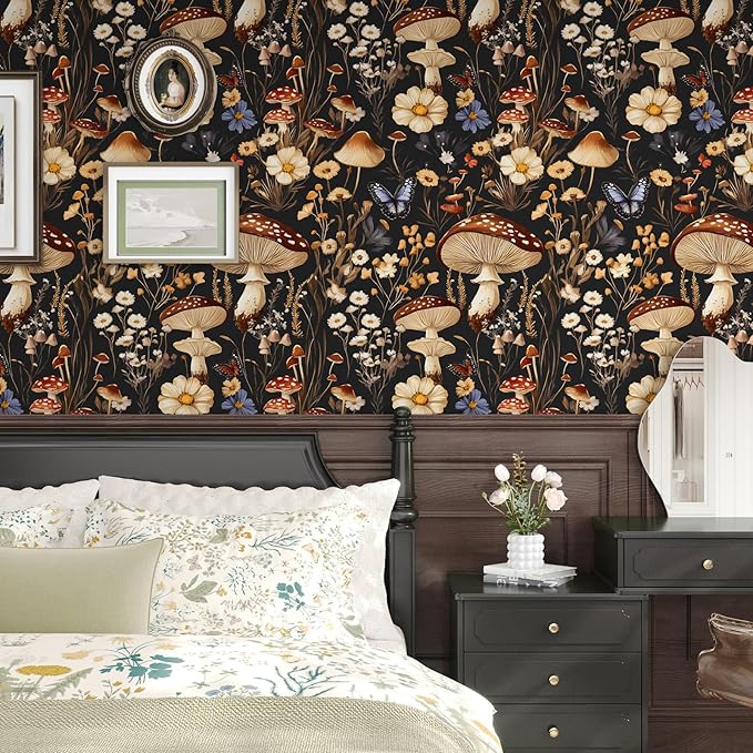 BOKEBEVE Peel and Stick Wallpaper Mushroom Wallpaper Vintage Floral Contact - Image 5