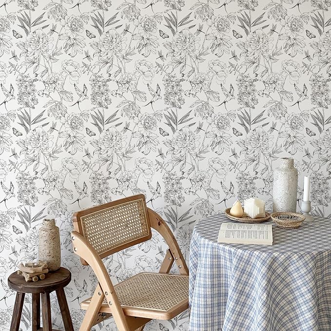 JiffDiff White and Black Wallpaper Peel and Stick Sketched Peony Floral - Image 3