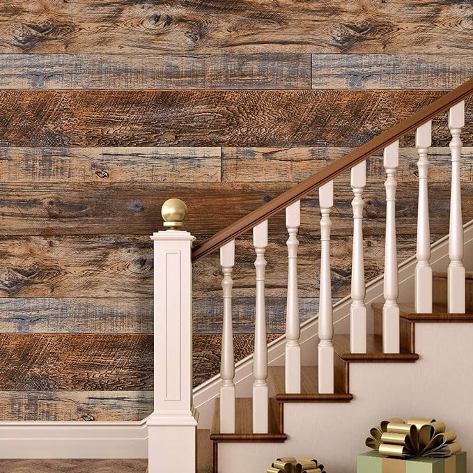 WENMER 11.8" x 118" Brown Wood Peel and Stick Wallpaper Shiplap Self Adhesive - Image 3