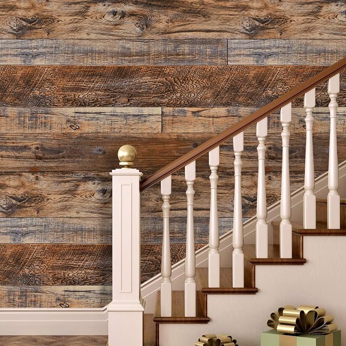 WENMER 17.71" x 197" Brown Wood Wallpaper Peel and Stick Wallpaper Wood Stick - Image 3